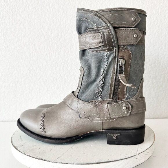 Lane Boots Women’s Gray Leather Canvas Mid-Calf Western Moto Style Zip Size 8.5 - Picture 4 of 13